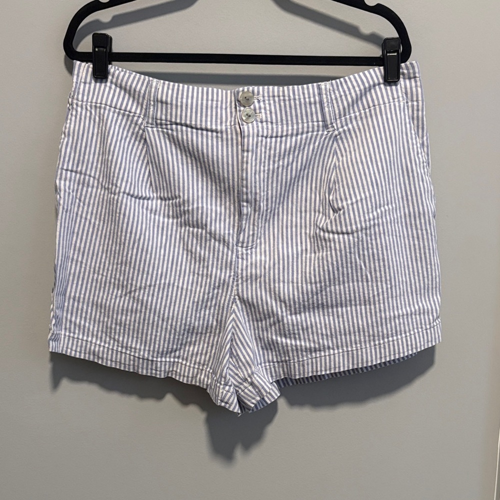 LC Lauren Conrad Blue and White Striped High Waist Shorts with Elastic Waistband